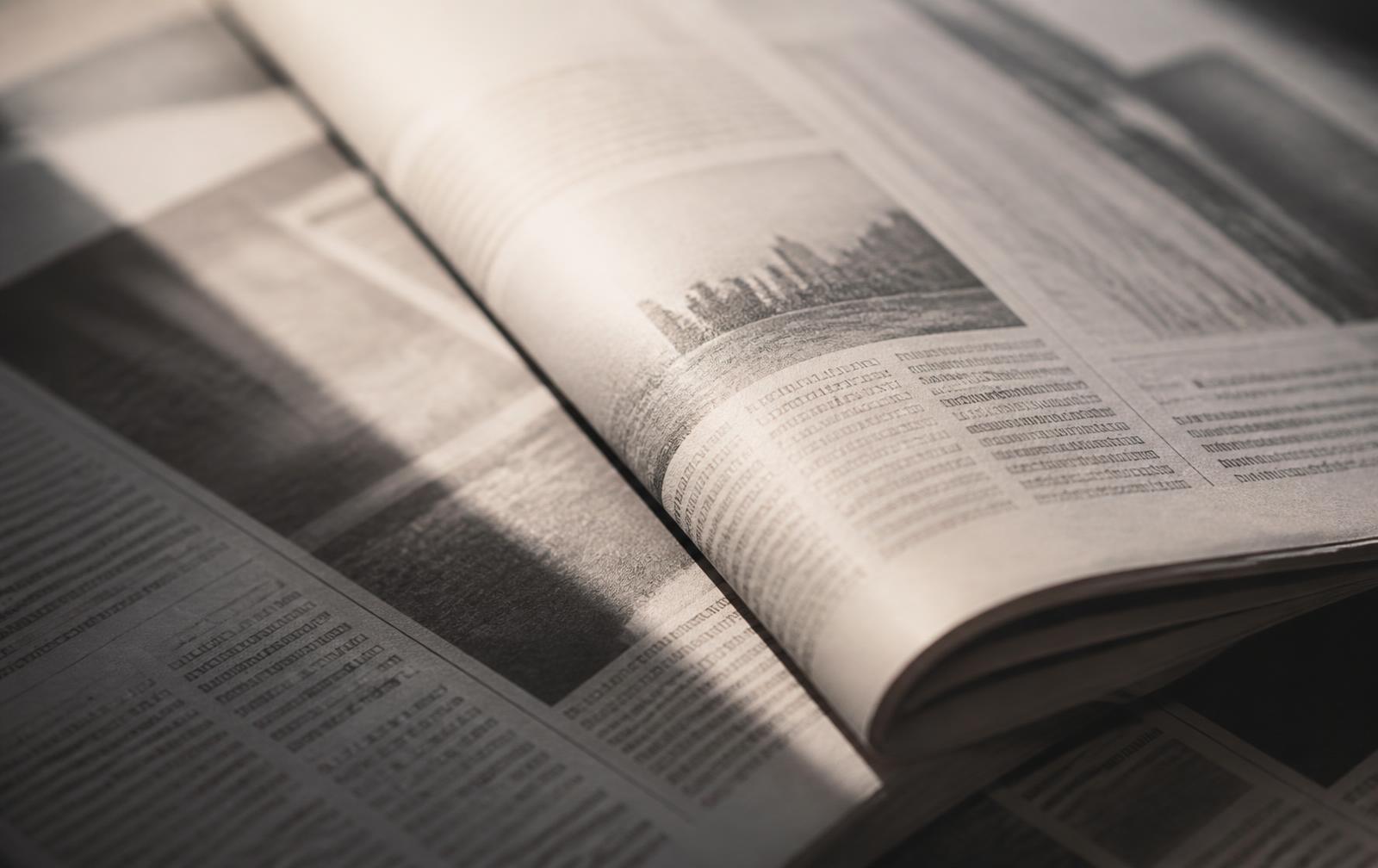 Pages de journal ouvertes sur une table, colonnes de texte et photographies en tons neutres.