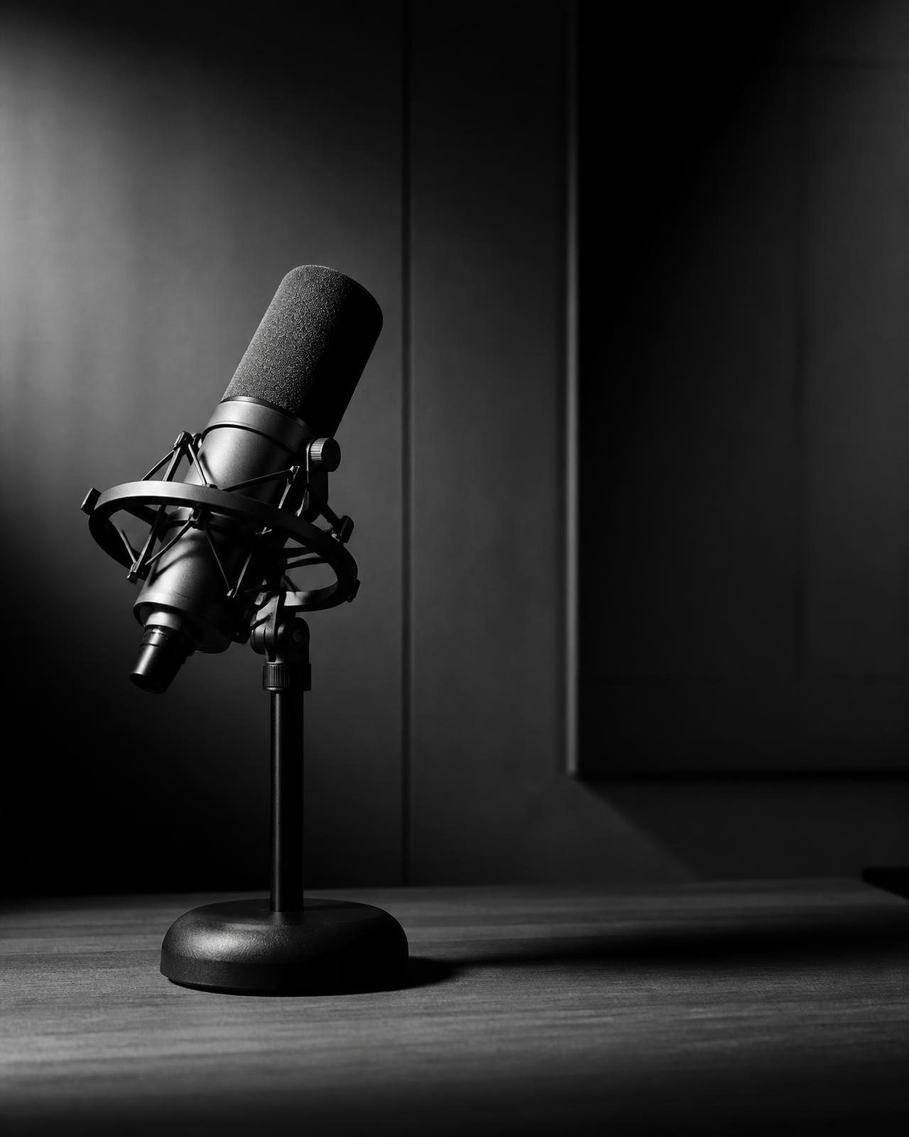 Microphone de studio éclairé par une lumière directionnelle, évoquant la prise de parole dans les médias.